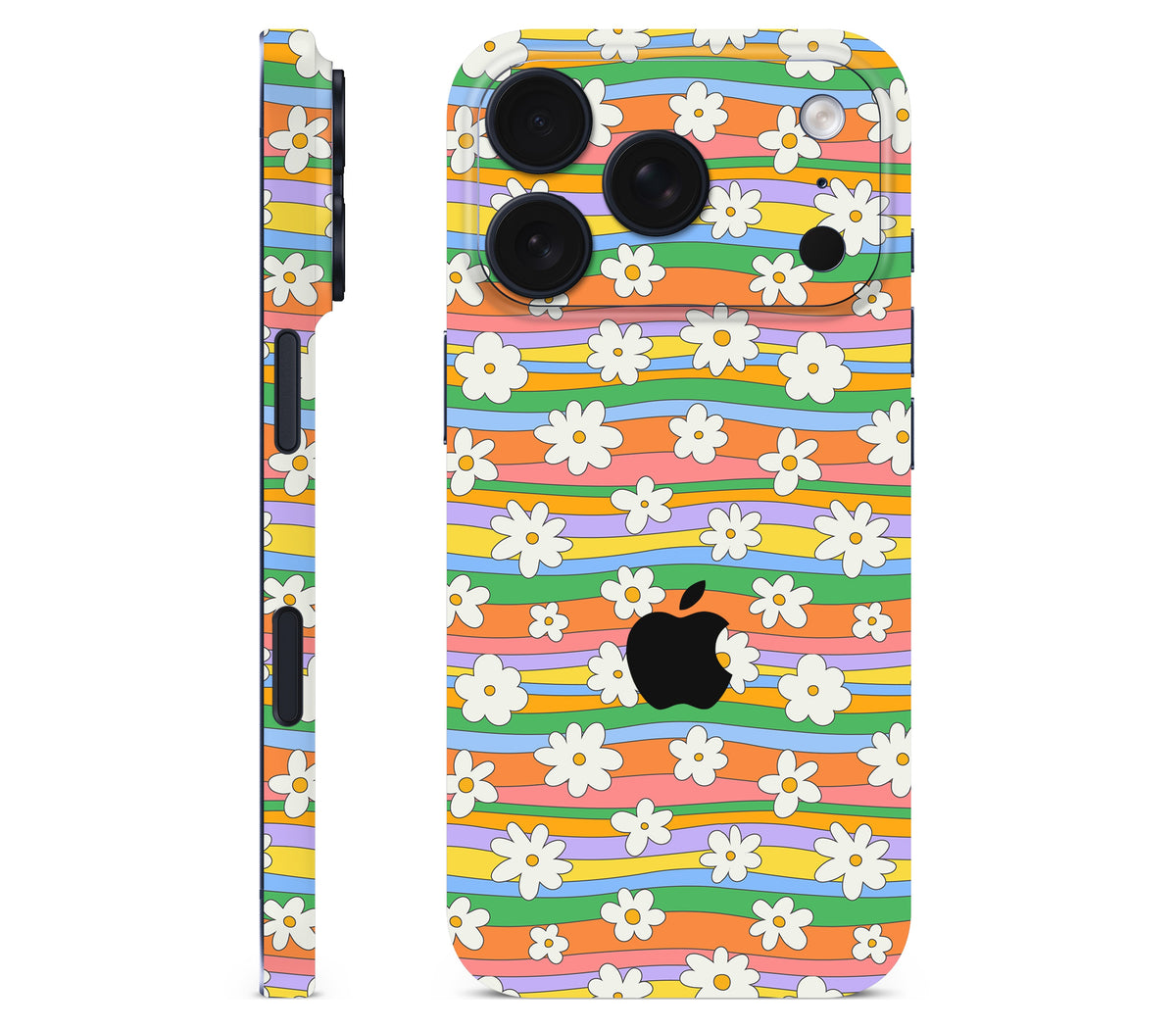iPhone 18 Pro skin, Daisy Drift, full wrap with logo cutout