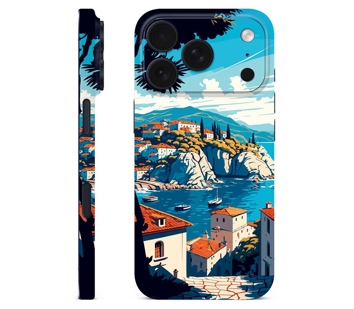 iPhone 18 Pro skin, Coastal Clouds, full wrap without logo cutout