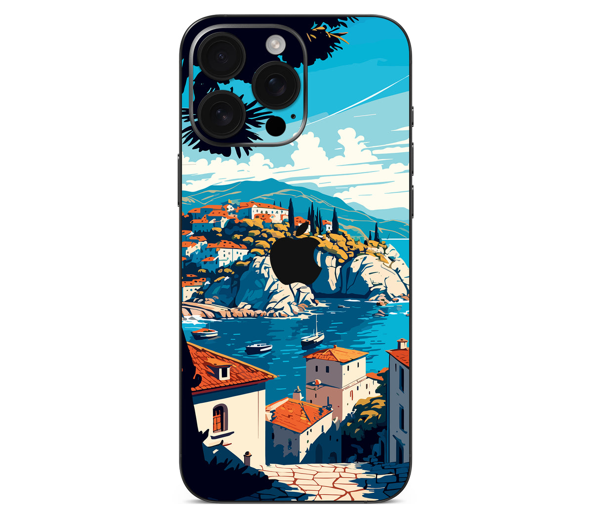 iPhone 16 Pro Max skin, Coastal Clouds, back skin with logo cutout