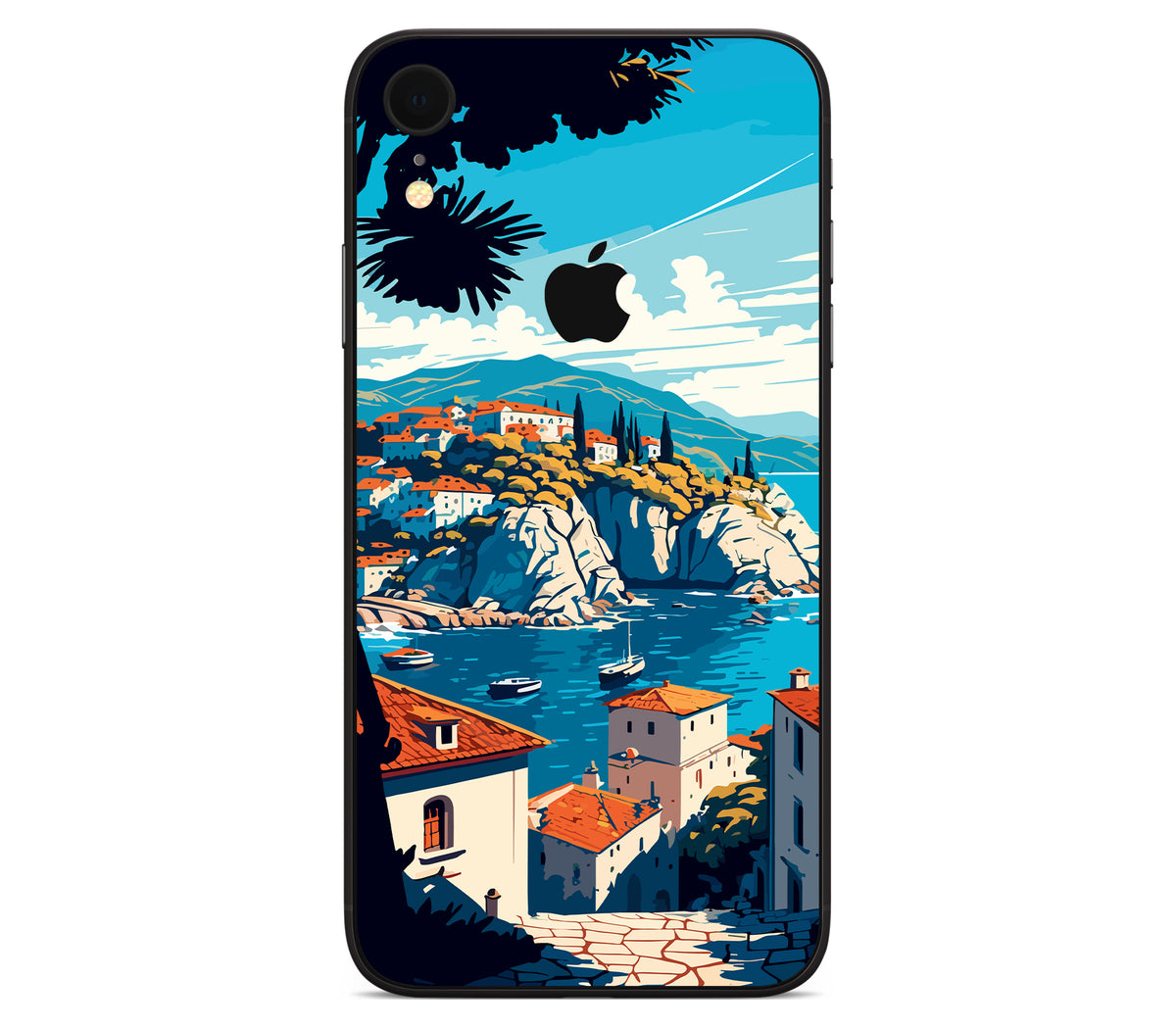 iPhone XR skin, Coastal Clouds, back skin with logo cutout