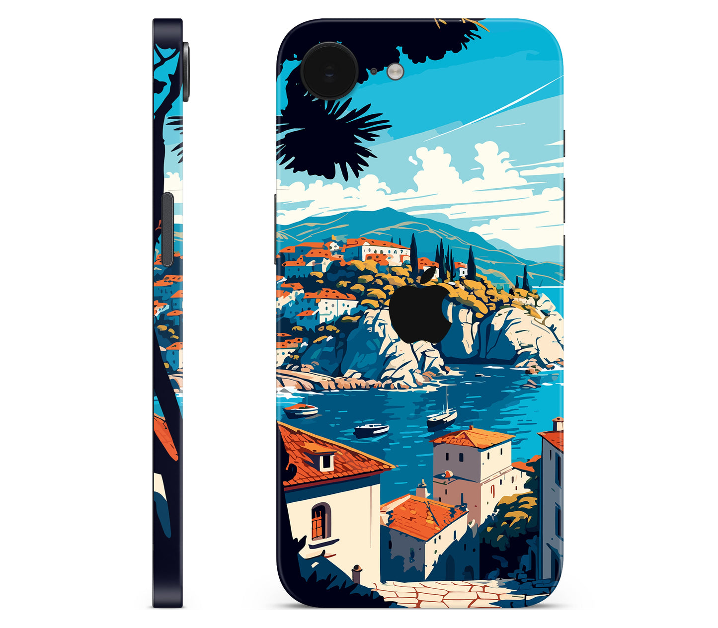 iPhone 17e skin, Coastal Clouds, full wrap with logo cutout
