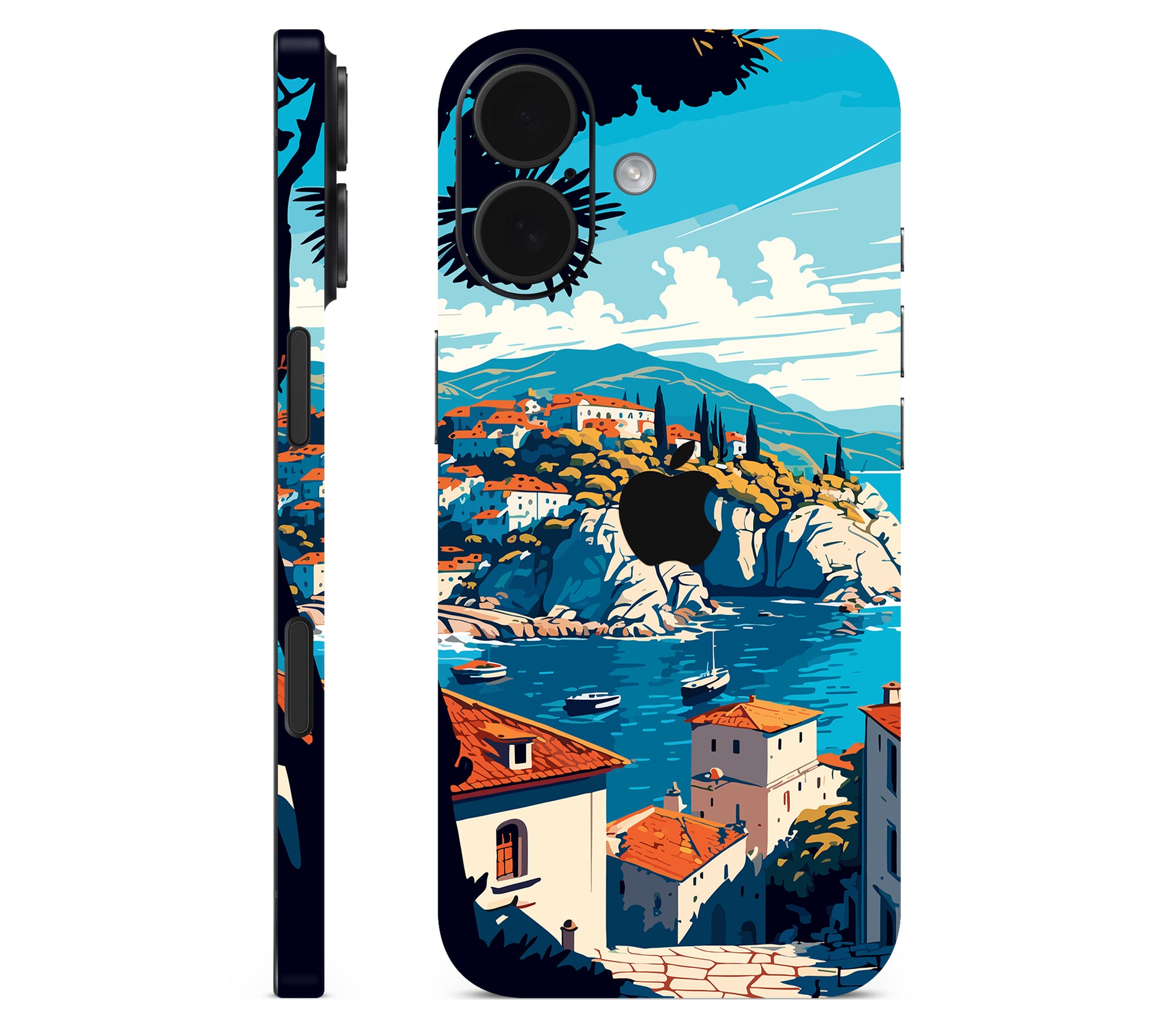 iPhone 17 skin, Coastal Clouds, full wrap with logo cutout