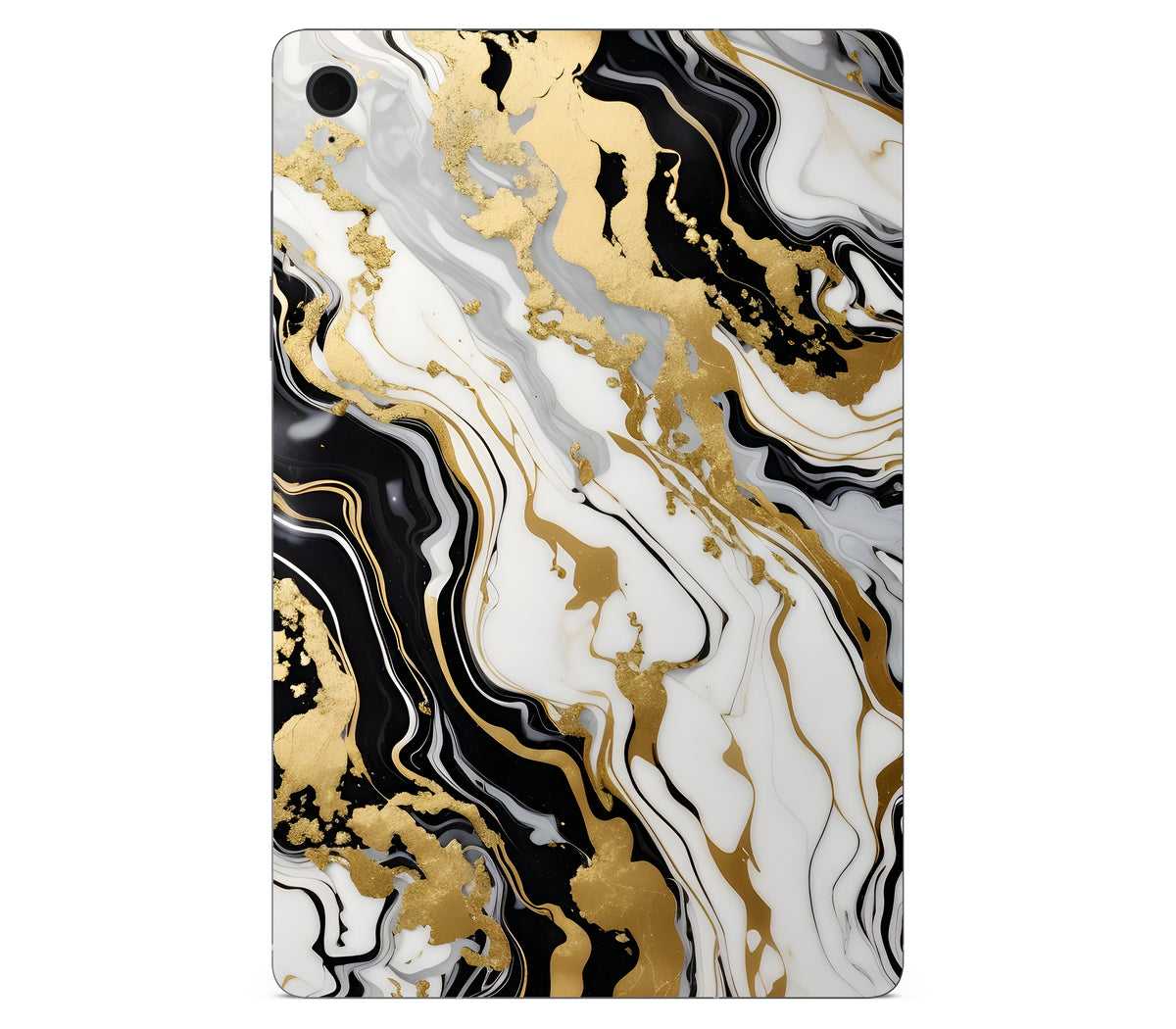 Tablet case with gold, black, and white marble pattern on a white background